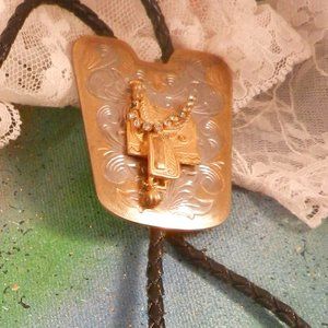 VTG embellished saddle bolo tie gold silver tone lariat black cord string bola
